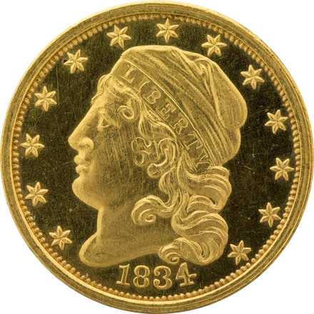 1834 Capped Head quarter eagle in gold, reduced size