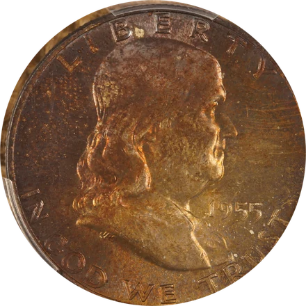 1955 Franklin half dollar with amber toning, PCGS MS65