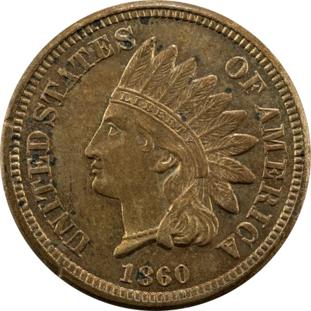 1860 Indian Head cent in copper-nickel, wreath and shield reverse