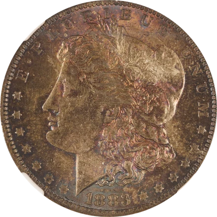 1883-O Morgan silver dollar with rainbow toning, NGC MS64
